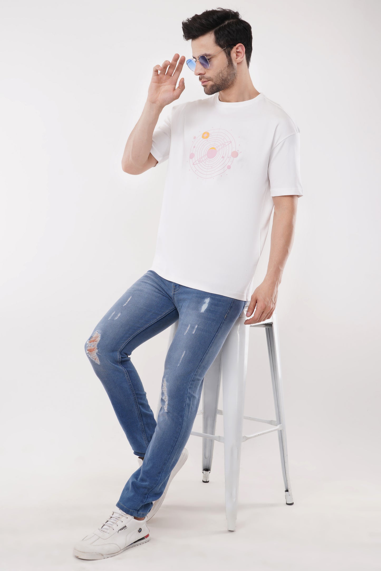 Garva Orbit Vibes White Terry Cotton T-Shirt – 220 GSM